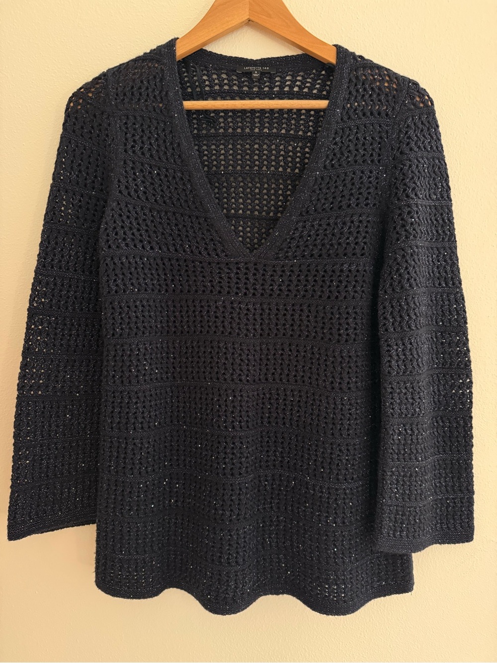 Lafayette 148 New York Silk Cashmere Open Knit Metallic Sweater Navy M